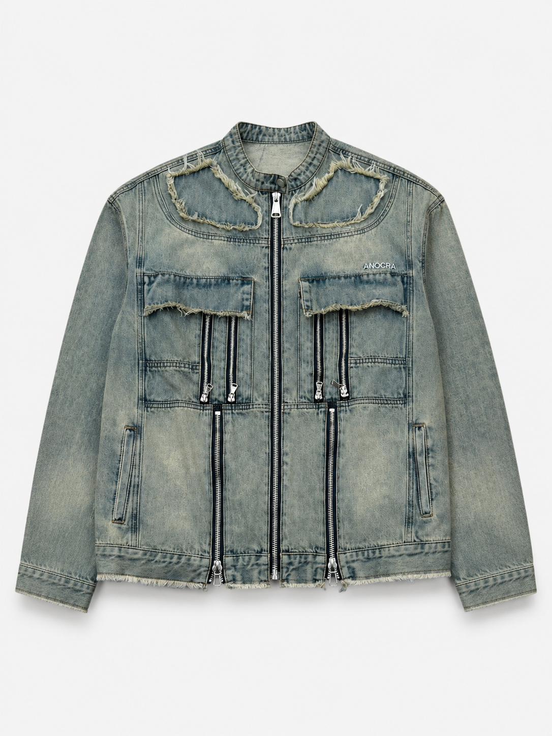 Veste en denim multi-zip style cargo ANOCRA bleu délavé en denim avec poches effilochées, vue de face