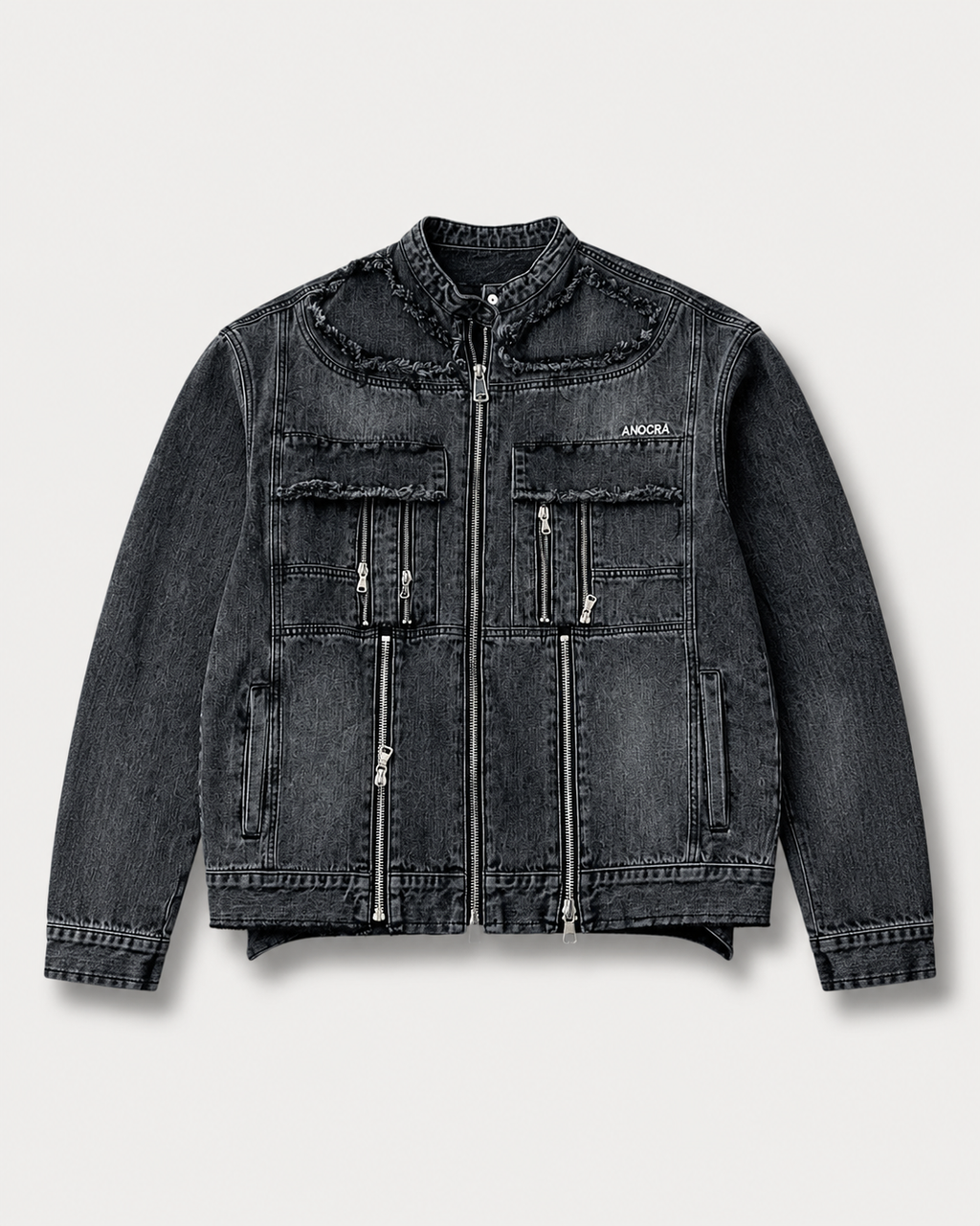 Veste en denim multi-zip ANOCRA noir délavé en coton, vue de face
