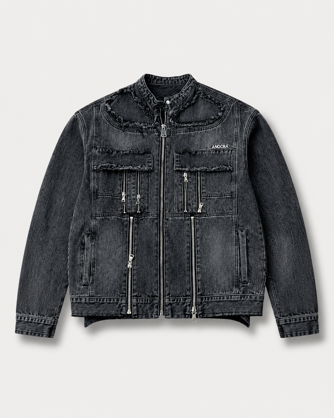 Veste en denim multi-zip ANOCRA noir délavé en coton, vue de face
