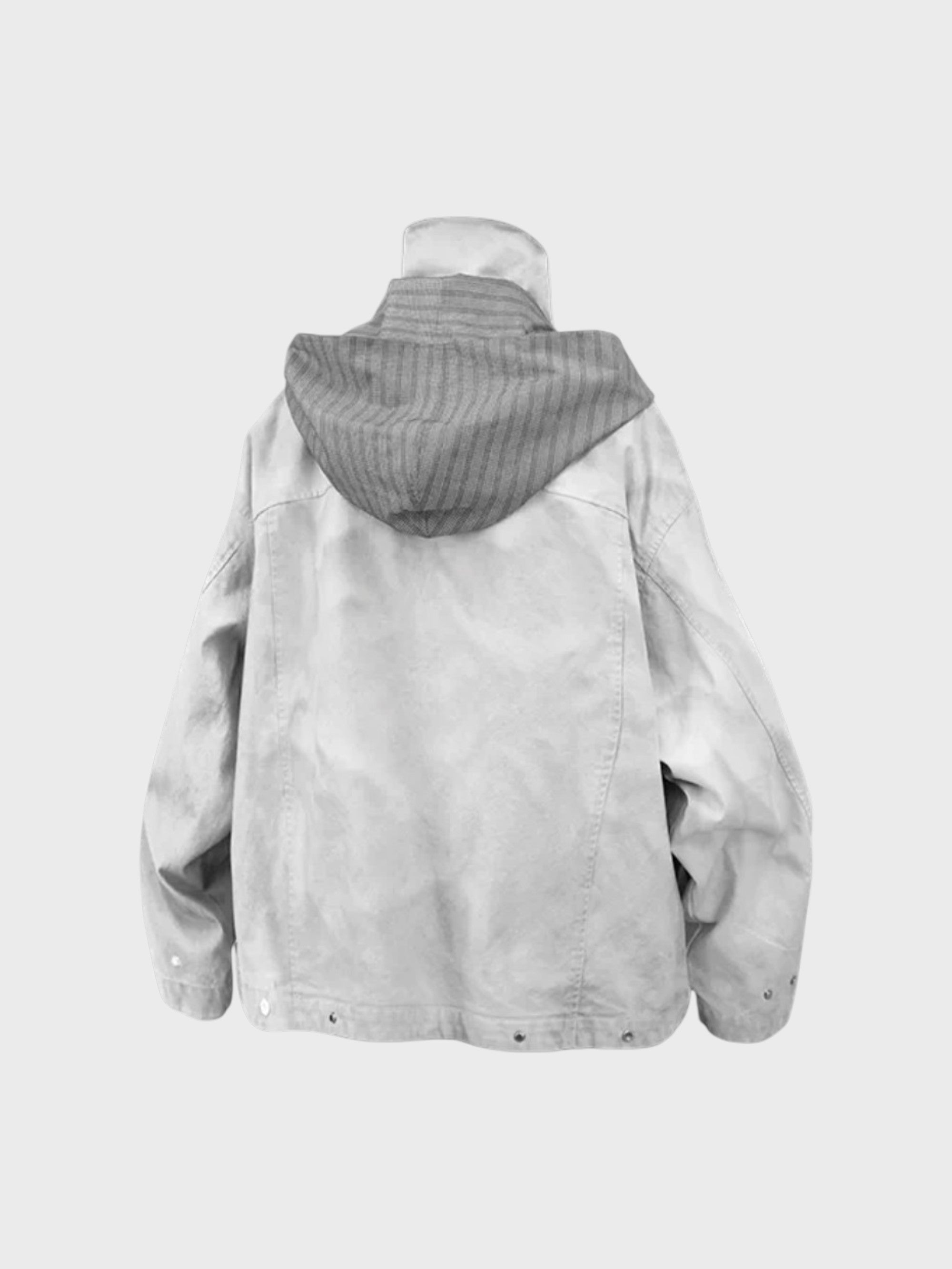 Veste M65 RELABEL blanc fumé washed avec capuche carreaux gris, vue de dos sur mannequin

