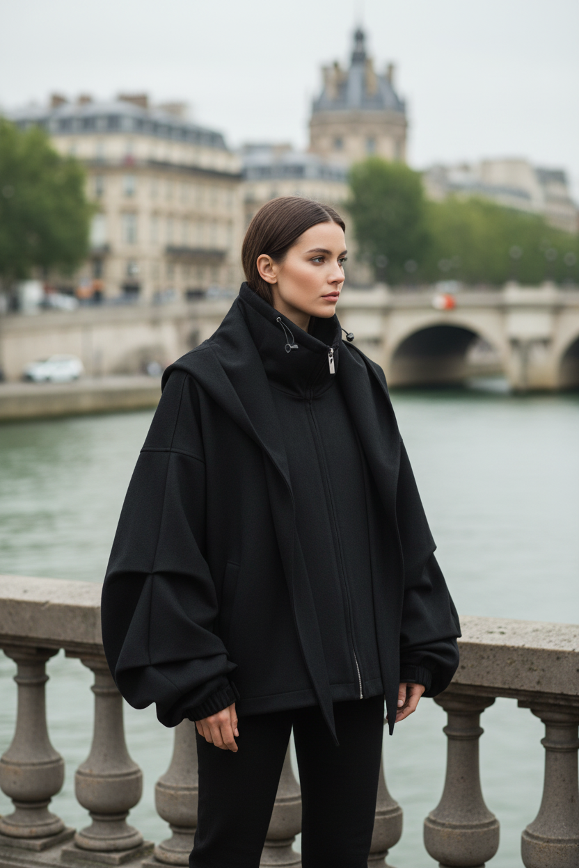 Veste oversize superposée laine et capuche zippée Relabel noire laine et coton col montant manches bouffantes, portée par un modèle femme debout sur les bords de la Seine à Paris