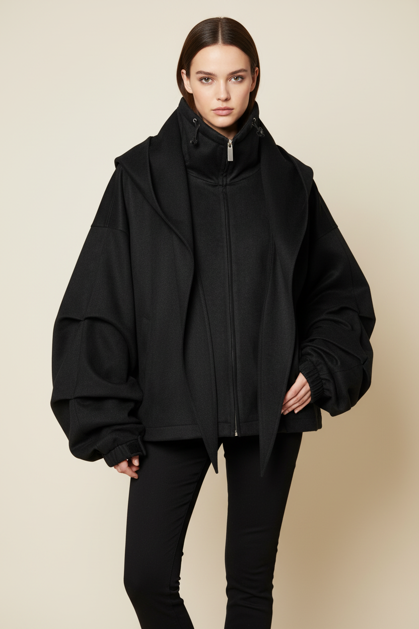 Veste oversize superposée laine et capuche zippée Relabel noire laine et coton col montant manches bouffantes, portée par un modèle femme vue de face fond beige studio