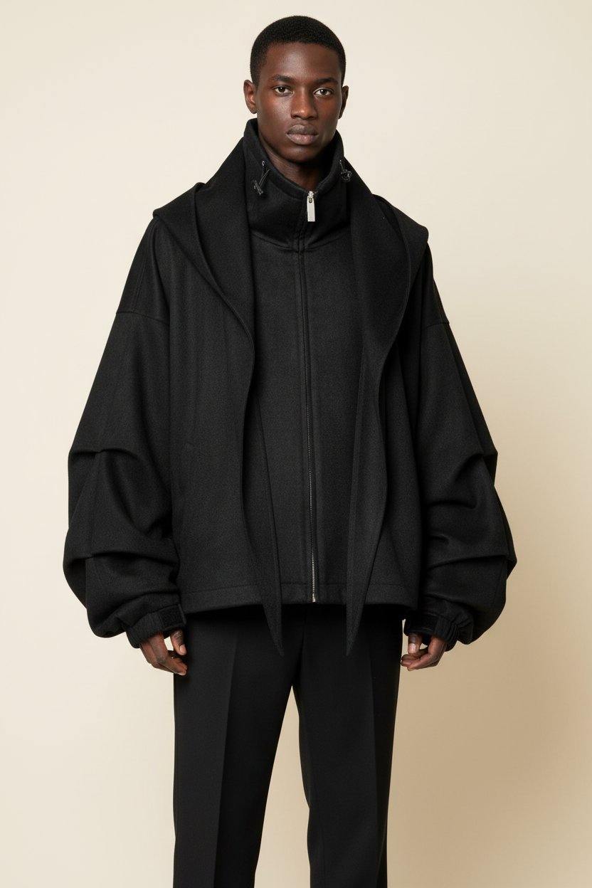 Veste oversize superposée laine et capuche zippée Relabel noire laine et coton col montant manches bouffantes, portée par un modèle homme vue de face fond beige studio