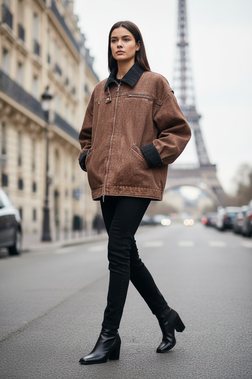 Veste oversize zippée denim lavé Relabel marron et noir col contrasté noir et poignets noirs, portée par un modèle femme marchant dans une rue parisienne avec la Tour Eiffel en arrière-plan