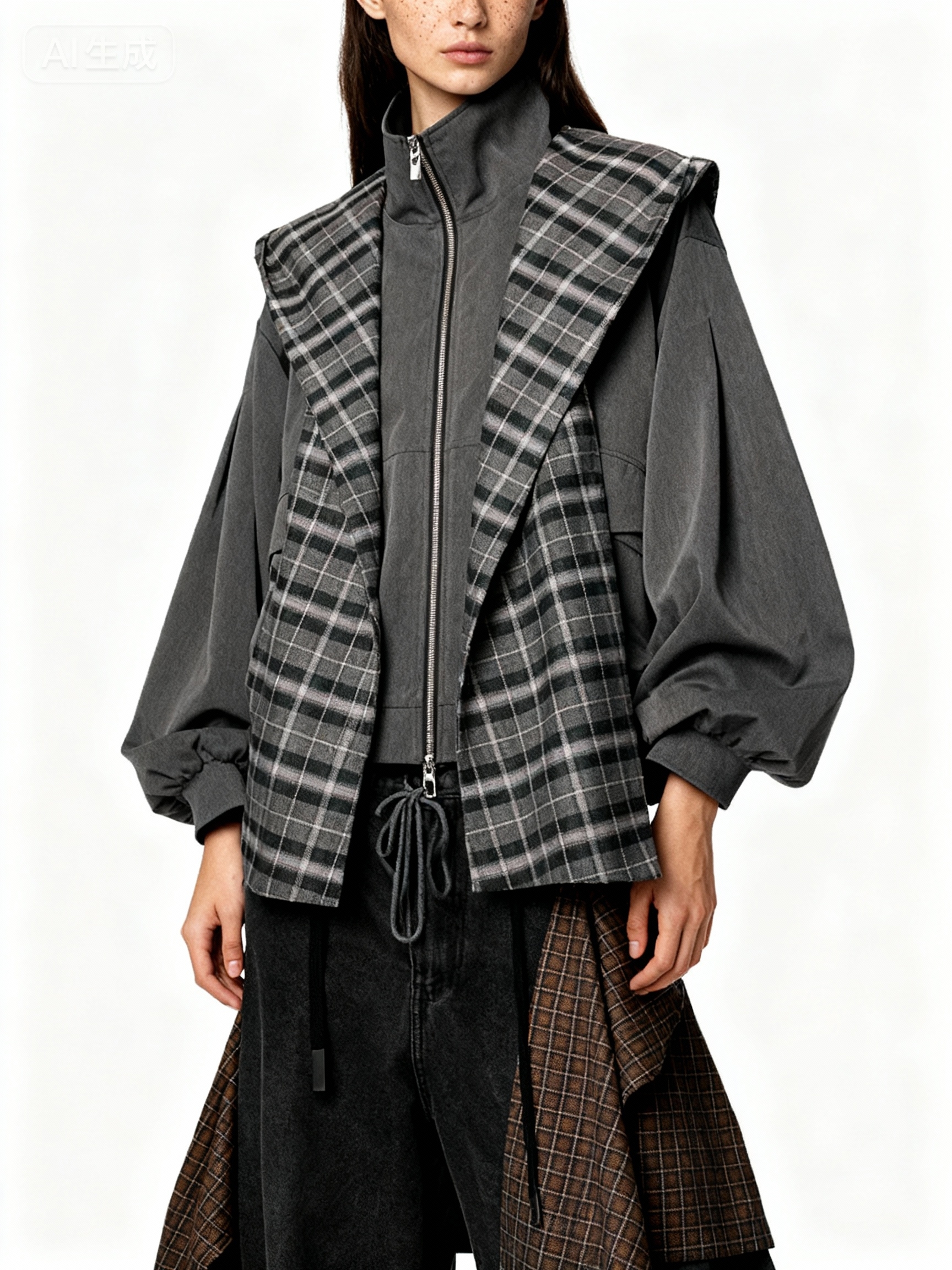Veste cape à carreaux avec manches ballon Relabel grise en laine et coton, portée par une femme en studio sur fond blanc, vue de face mi-corps détail zip et gilet carreaux