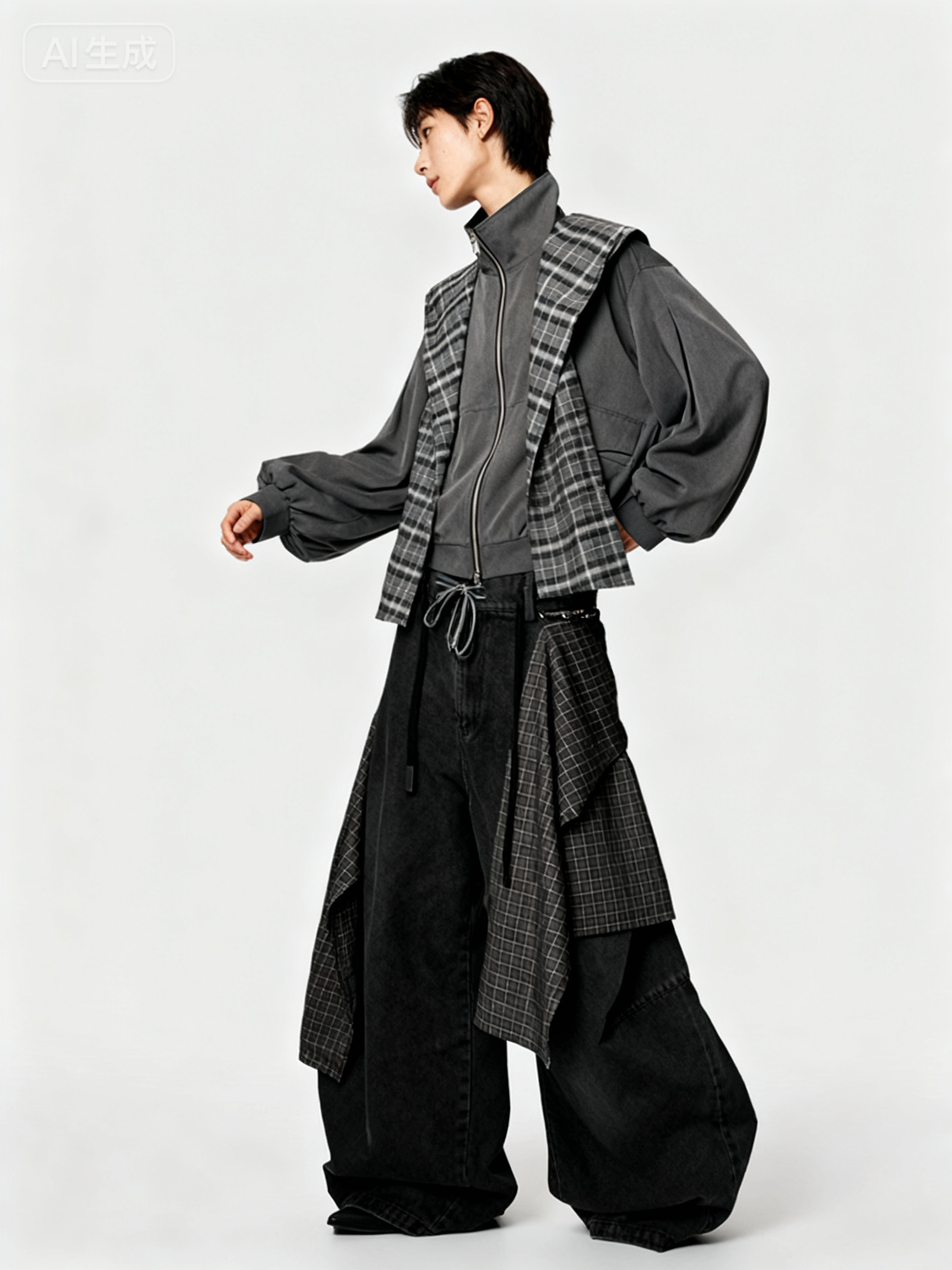 Veste cape à carreaux avec manches ballon Relabel grise en laine et coton, portée par un homme en studio sur fond blanc, vue de profil silhouette complète