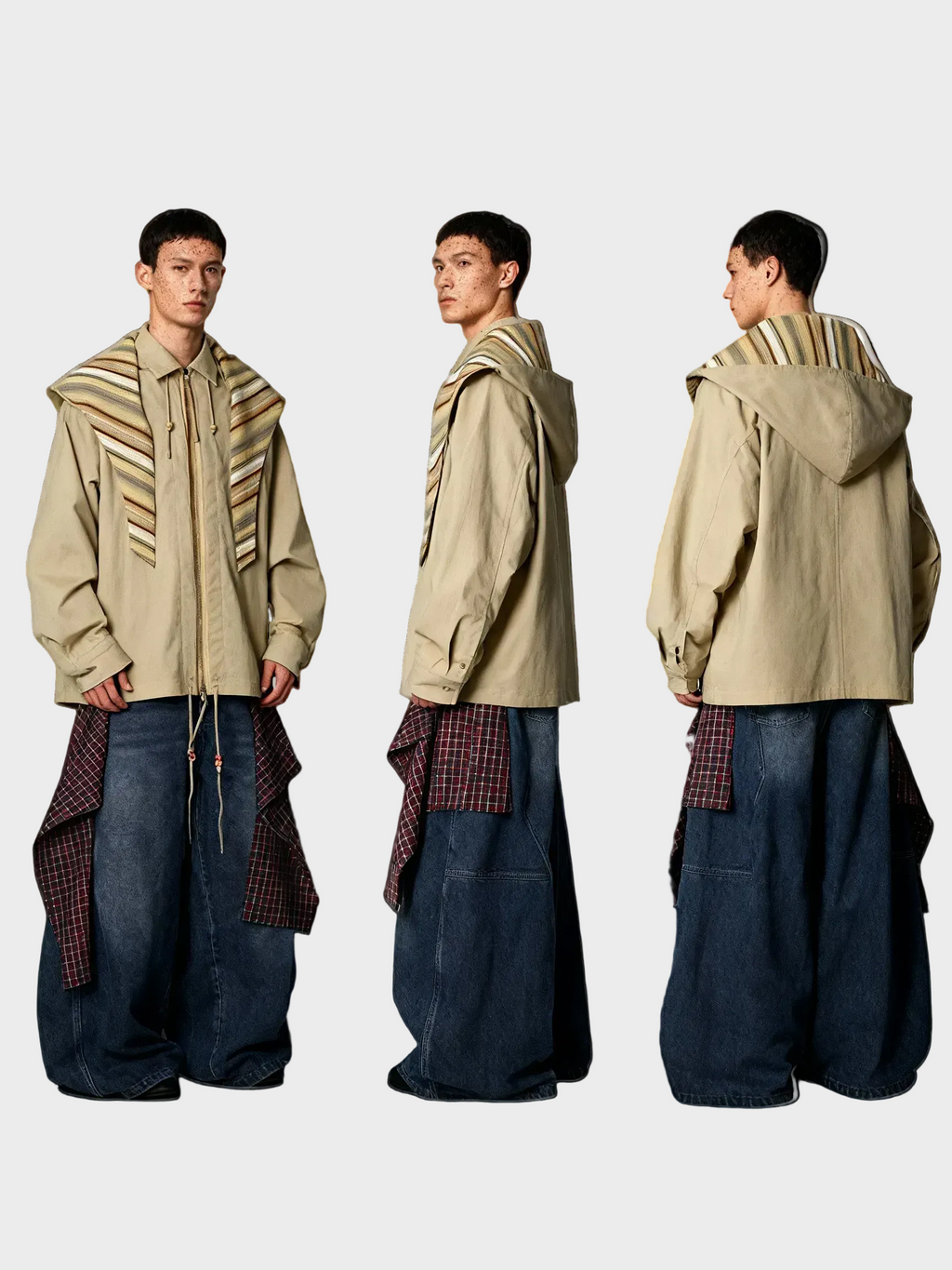 Veste à capuche oversize zippée Relabel beige en coton avec écharpe rayures multicolores intégrée, portée par un homme en studio fond blanc, vues de face, profil et dos