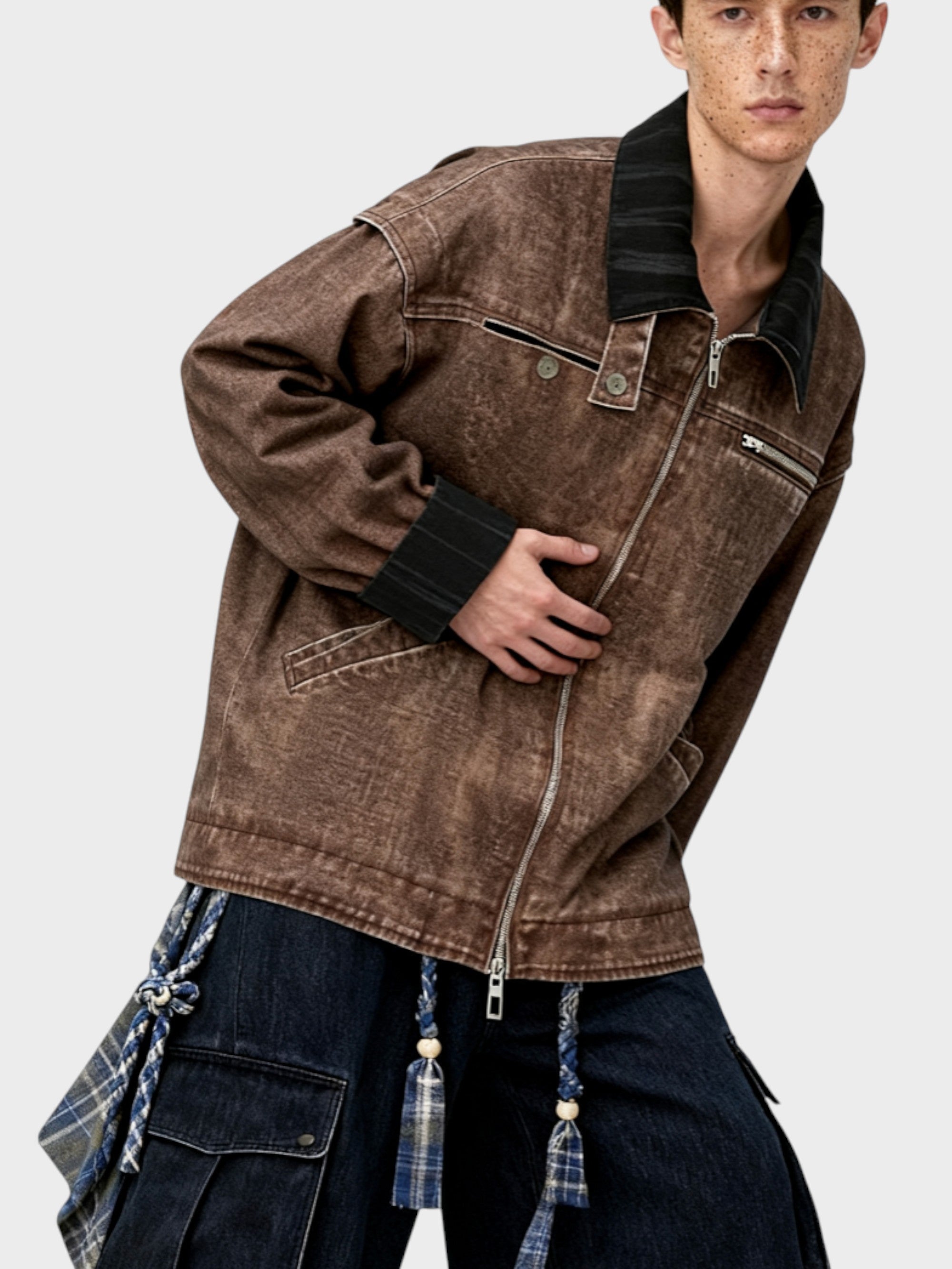 Veste oversize zippée en denim lavé Relabel marron et noir avec col contrasté, portée par un homme en studio sur fond gris, vue de trois quarts pose dynamique