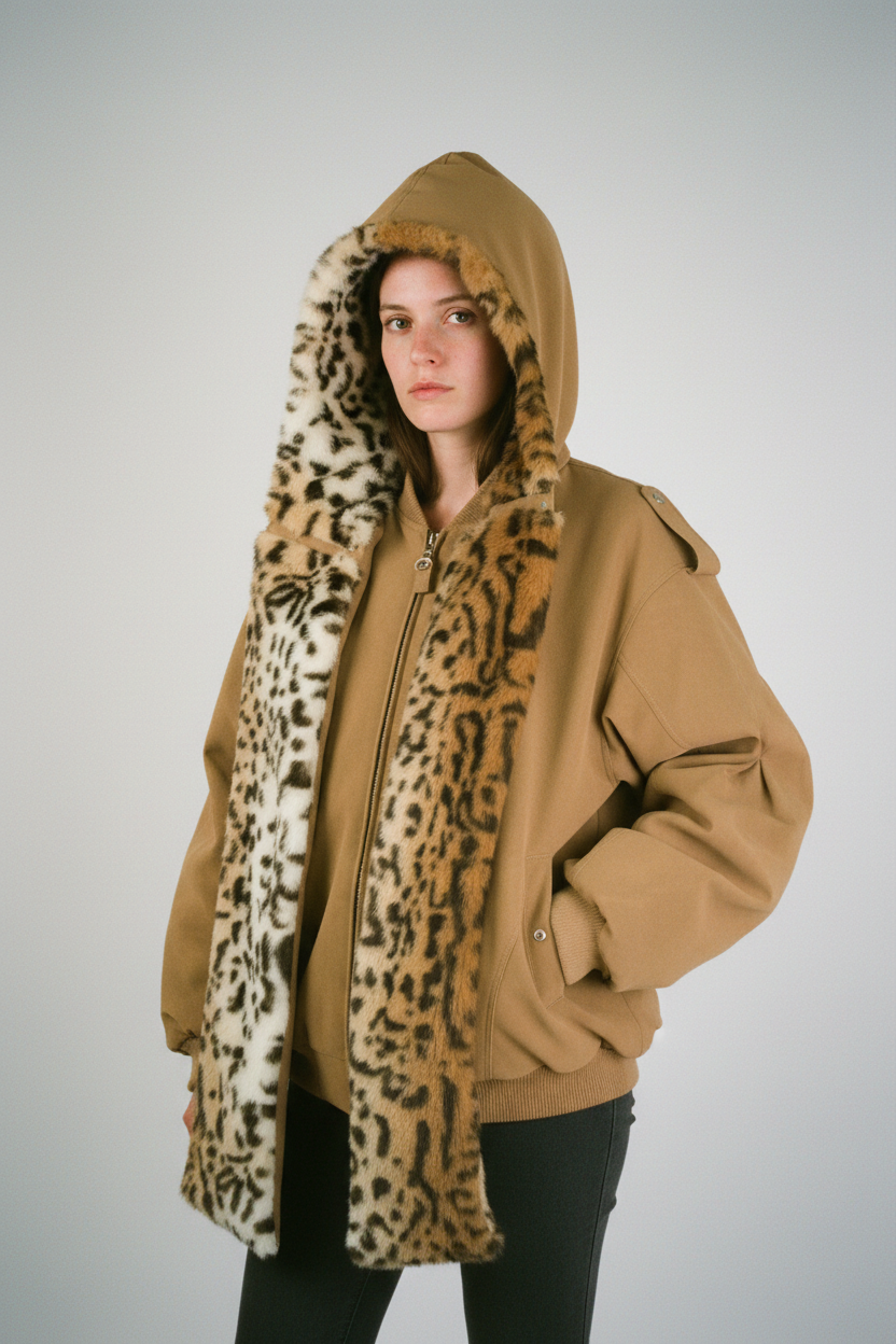 Veste réversible Relabel camel en coton et fausse fourrure léopard, portée par une femme en studio, vue de trois quarts