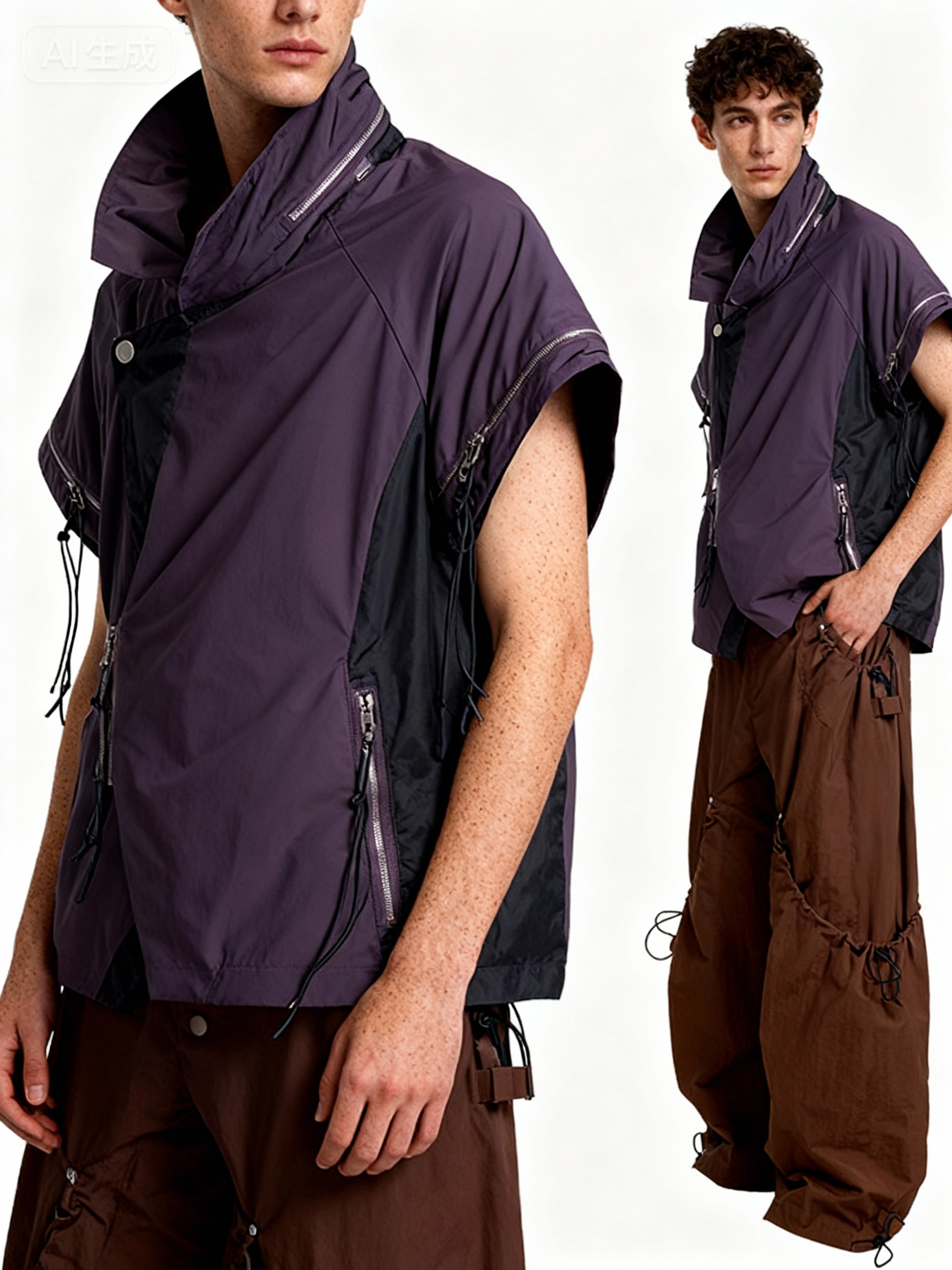 Veste utility manches courtes col roulé Relabel violet et noir en nylon, portée par deux hommes en studio sur fond blanc, vue de face détail et silhouette complète