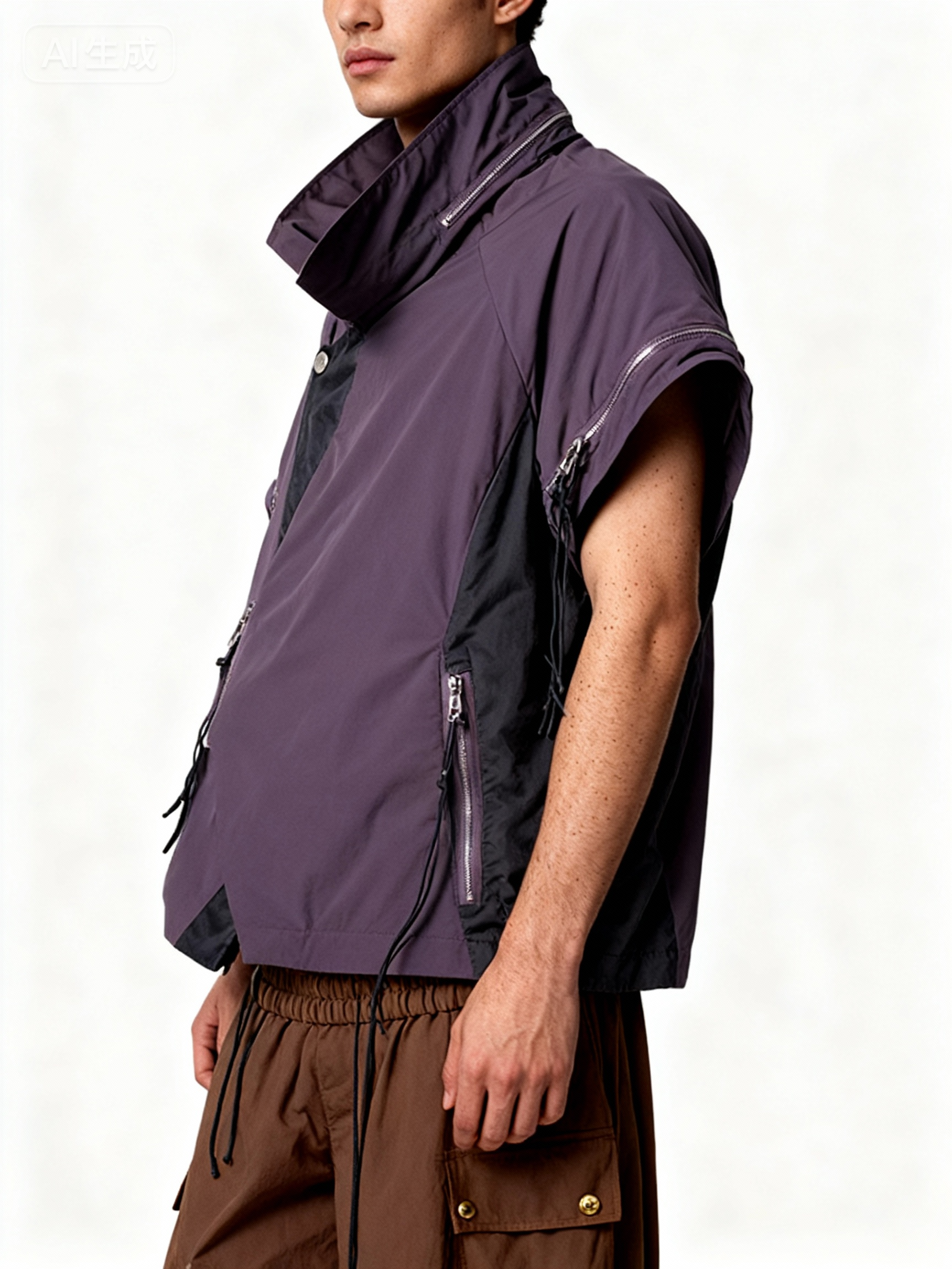 Veste utility manches courtes col roulé Relabel violet et noir en nylon, portée par un homme en studio sur fond blanc, vue de profil détail zips et col asymétrique